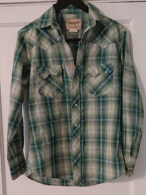 Wrangler Green Teal Plaid Western-Style Button Down Shirt